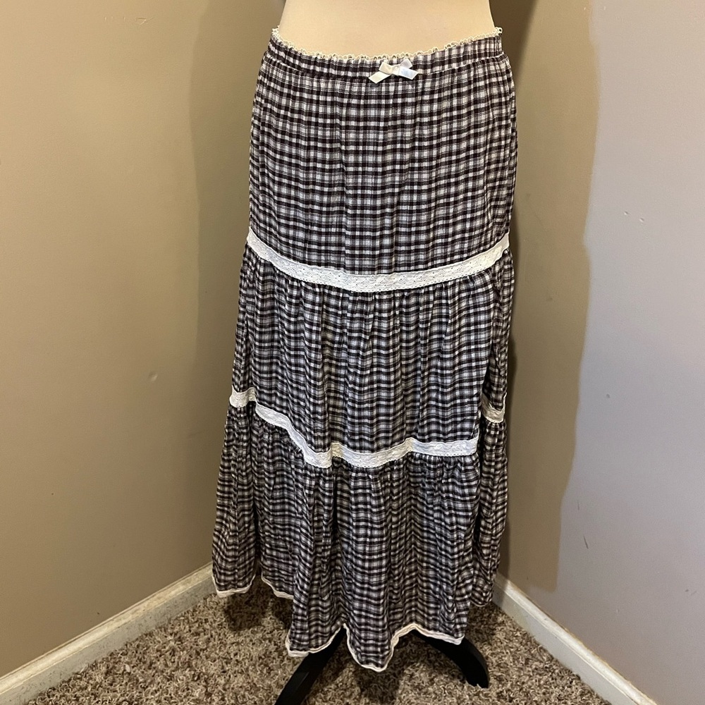 Grey Bandit Montana Skirt Brown & Cream Plaid & Lace Maxi Skirt, Side Slit,  M - Picture 2 of 9